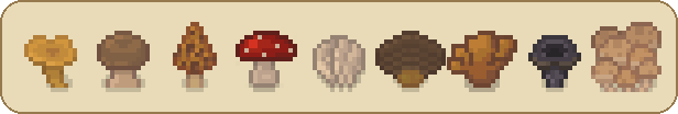 A row of mushroom sprites from the game: chanterelle, porcini, morel, fly agaric, lion's mane, turkey tail, chicken of the woods, black trumpet, maitake
